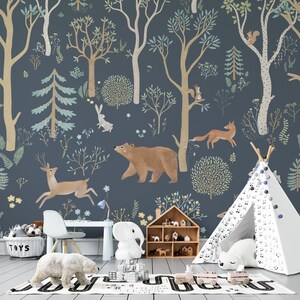 May include: A blue and green woodland mural featuring a bear, deer, fox, and rabbit. The mural is in a room with a teepee, a white elephant toy, and a wooden dollhouse.