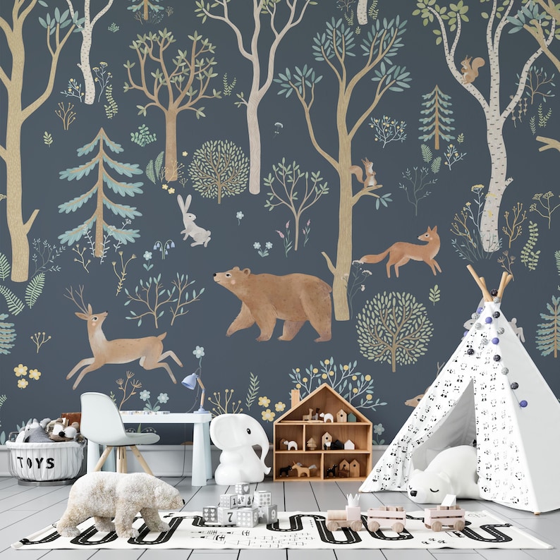 May include: A blue and green woodland mural featuring a bear, deer, fox, and rabbit. The mural is in a room with a teepee, a white elephant toy, and a wooden dollhouse.
