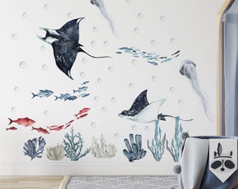 ocean animals wall decals with Stingrays Jellyfish, wall stickers for kids room
