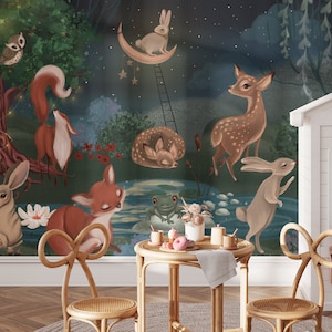 Papier peint forêt pour enfants, décoration murale animaux des bois, décoration murale pour chambre d'enfant