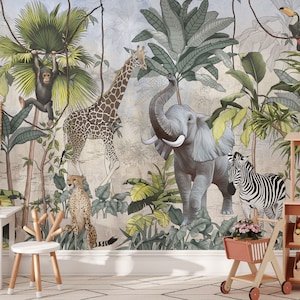 safari nursery wallpaper, safari nursery decor, african wallpaper,  jungle wallpaper, Kids Safari Jungle Animals Wallpaper