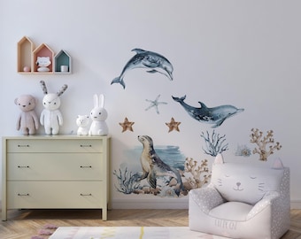 Watercolor Ocean Animals Wall Decal, Peel and Stick Nursery Decor