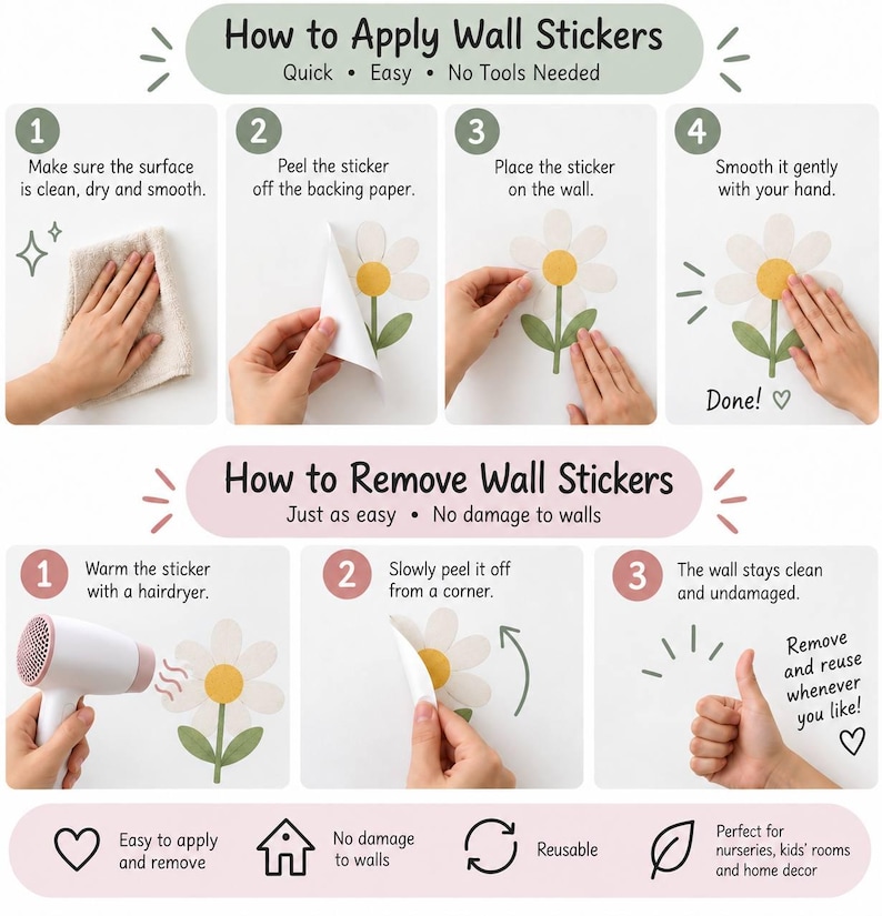 May include: An instructional infographic titled How to Apply Wall Stickers and How to Remove Wall Stickers. It features numbered steps with illustrations of a daisy sticker, a hairdryer, and hands demonstrating the application and removal process.