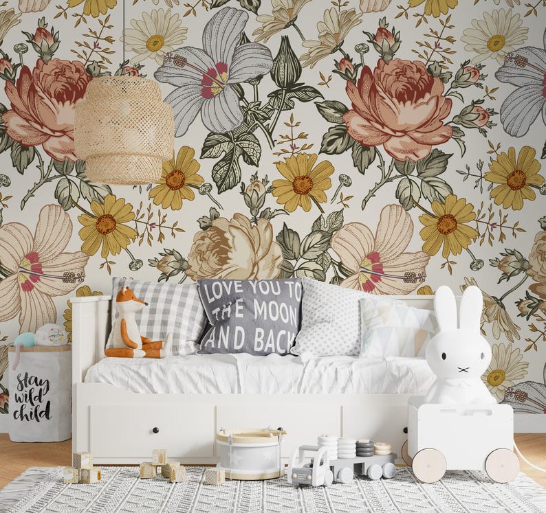 floral wallpaper, boho wallpaper, removable wallpaper, peel stick wallpaper, temporary wallpaper, kids room wallpaper image 11