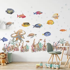 ocean wall decal, under the sea wall decal,  sea animals wall sticker, Sticker Set octopus, sea Turtle decal, Watercolor Peel and stick