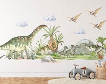 May include: A wall decal set featuring watercolor illustrations of various dinosaurs including a long-necked sauropod, a frilled dinosaur, and several smaller raptors. The scene includes green palm trees, gray mountains, and flying pterodactyls.
