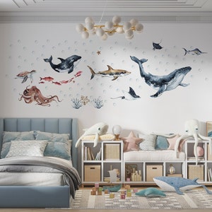 Ocean Animals Wall Decal for Kids and Nursery, sea animals wall sticker, Sticker Set Dolphin, seal, sea Turtle, Watercolor Peel and stick Set two