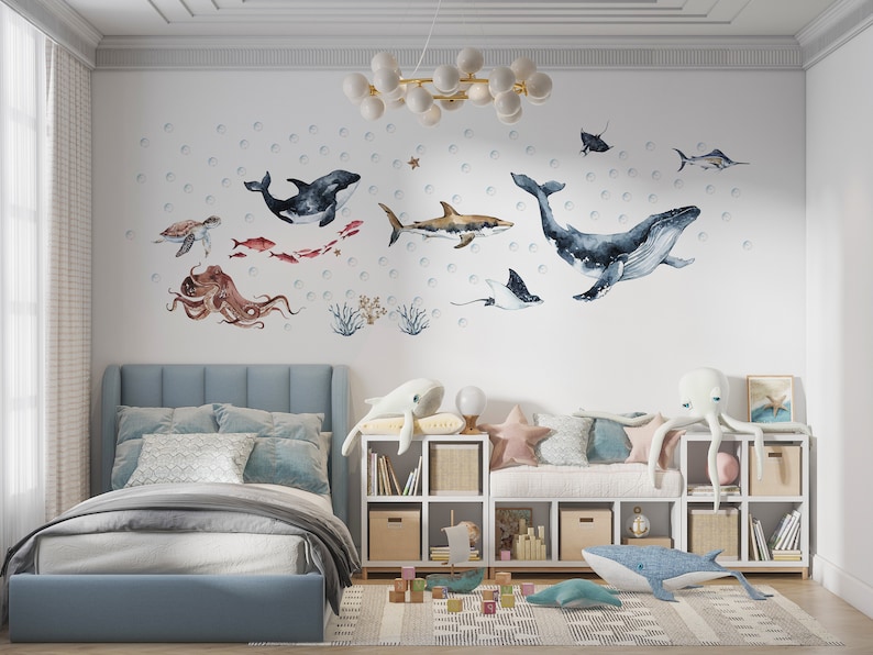 Ocean Animals Wall Decal for Kids and Nursery, sea animals wall sticker, Sticker Set Dolphin, seal, sea Turtle, Watercolor Peel and stick Set two