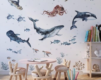 ocean wall decal with shark octopus and ocean animals, Under the sea wall decals with animals sea turtle wall decals, sharks wall stickers