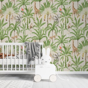 jungle wallpaper peel and stick, Safari wallpaper, nursery wallpaper, jungle removable wallpaper, palm tree wallpaper, wall mural wallpaper