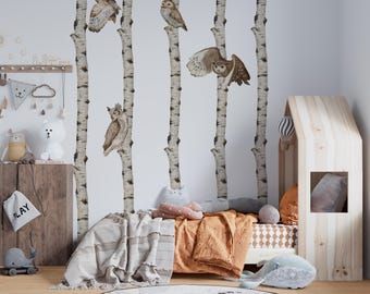 nursery birch tree decal, tree wall decal, birch tree decor, birch trees wall decal, birch wall stickers, owls decal, woodland wall decal