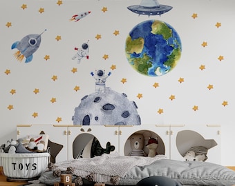 Space Wall Decal, Space Themed Nursery, Watercolor Solar System, Sun and Planets, Constellation decal, Nursery space Decals, Planet Decals