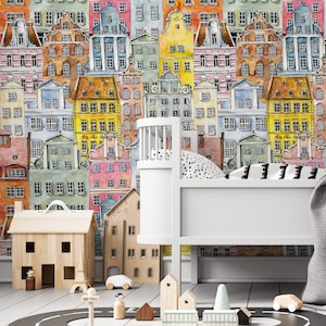 building wallpaper, house mural, nursery decor, gender neutral wall decals