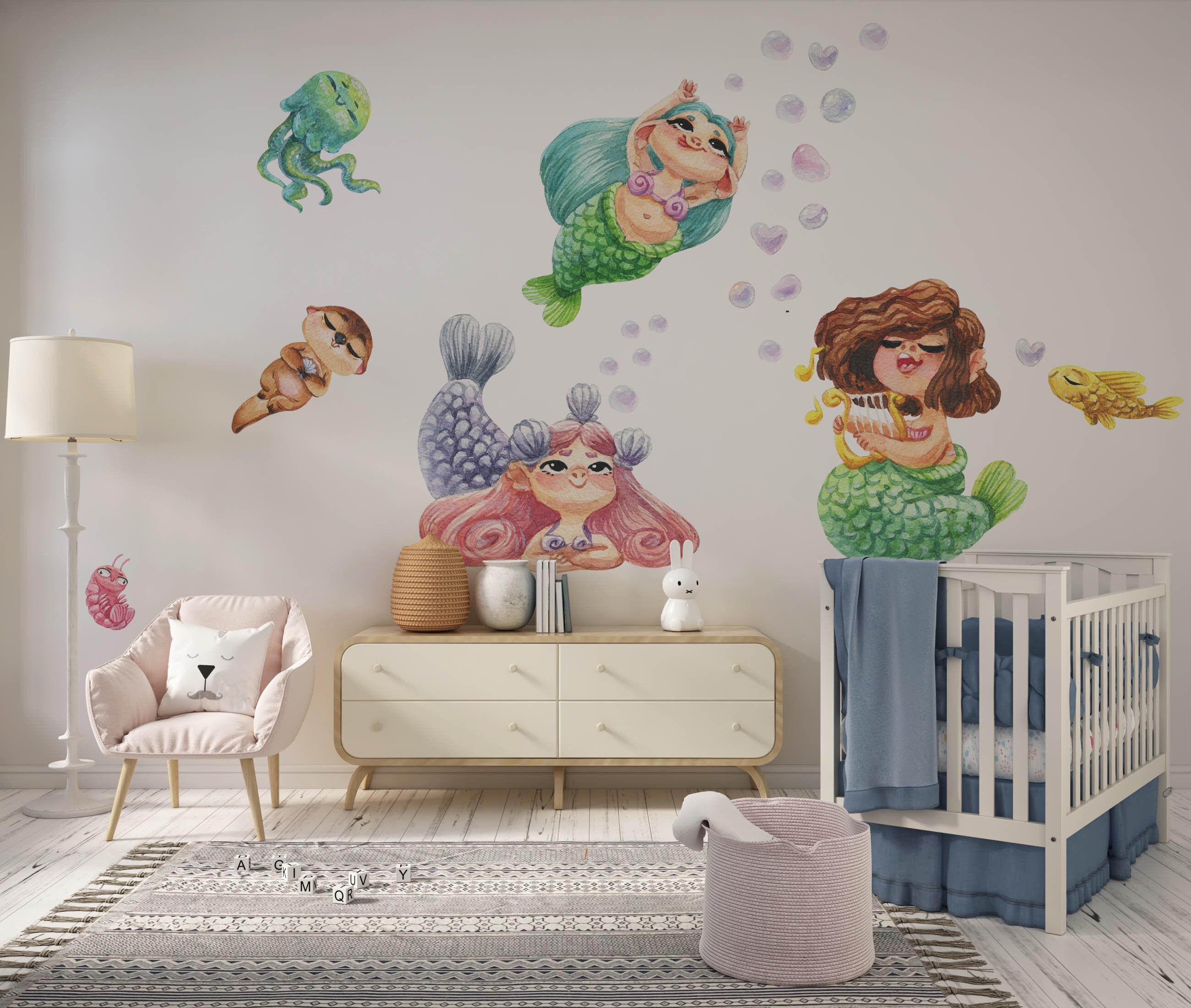 Mermaid Wall Decal Nursery Wall Decal Sea World Watercolour | Etsy