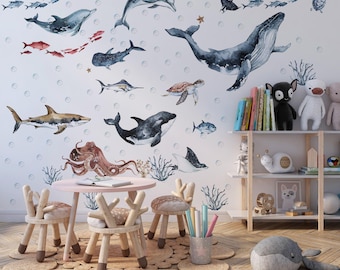Ocean Animals Wall Decal for Kids and Nursery,  sea animals wall sticker, Sticker Set Dolphin, seal, sea Turtle, Watercolor Peel and stick