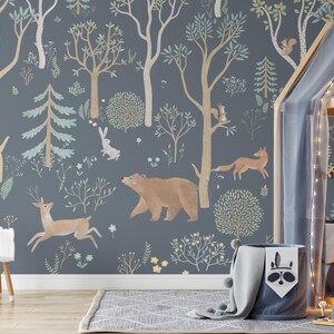 May include: A blue and green woodland mural featuring a bear, deer, fox, rabbit, and squirrels. The mural is set against a dark blue background and features a variety of trees and plants.