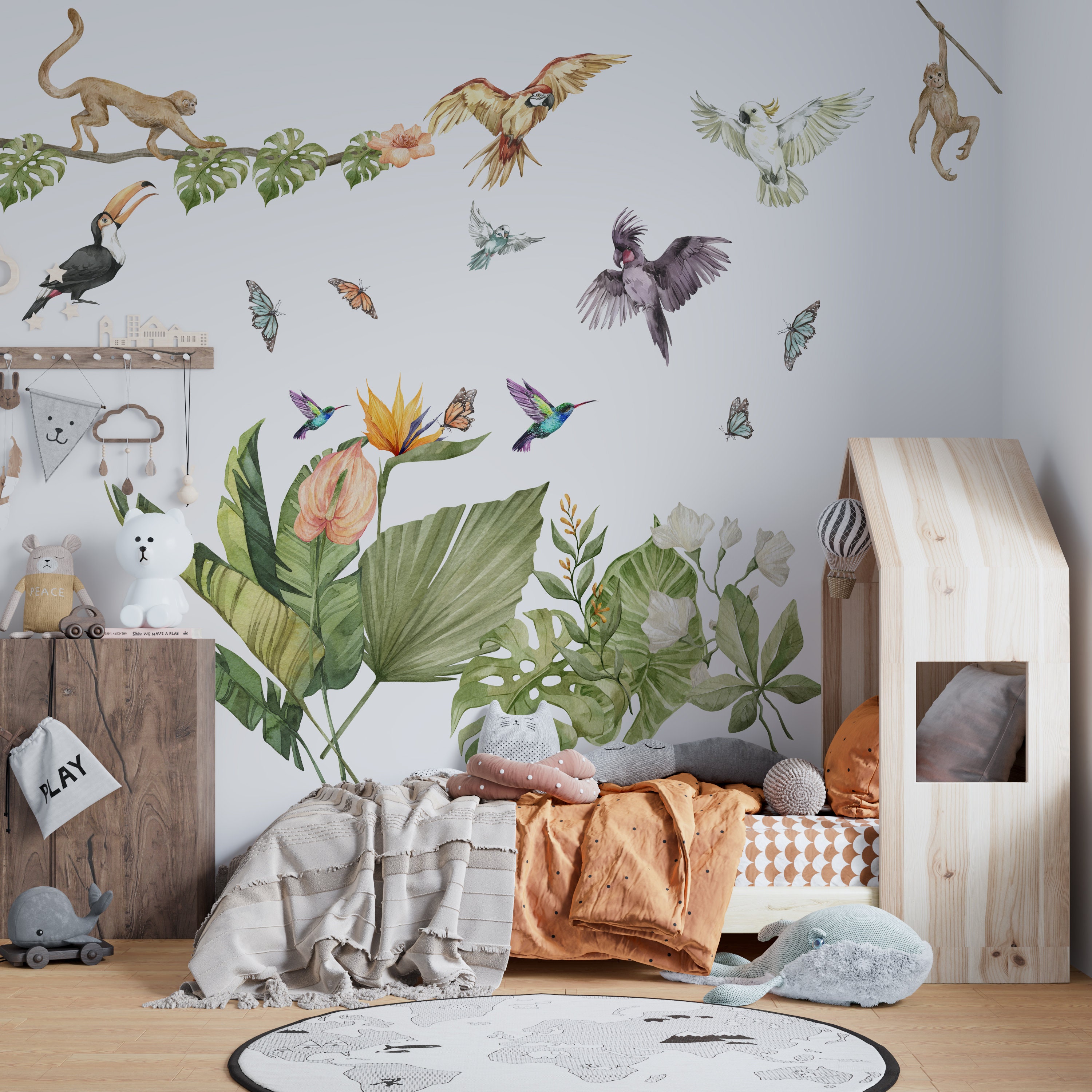 Vinilos decorativos para habitación infantil con temática de la selva,  pegatinas de la selva, vinilos para pared de habitación infantil, vinilos  para habitación de niños, vinilo de mariposa, vinilo de aves tropicales. -, image size:3000x3000