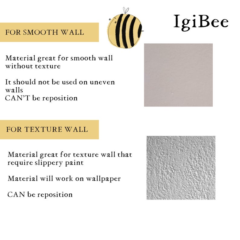May include: A guide for using wall decals on smooth and textured walls. The guide includes a smooth wall and a textured wall with a description of the material and its properties. The text reads "FOR SMOOTH WALL", "Material great for smooth wall without texture", "It should not be used on uneven walls", "CAN'T be reposition", "FOR TEXTURE WALL", "Material great for texture wall that require slippery paint", "Material will work on wallpaper", "CAN be reposition", and "IgiBee".