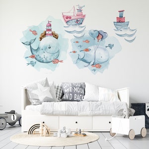 nursery ocean wall decal, watercolor whales, boat wall decal, sea whale wall decal, animal wall decal, ocean life sticker