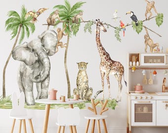 Safari Animal Wall Decals for Kids Room, Jungle Nursery Wall Stickers, Elephant Giraffe Monkey Decal Set,
