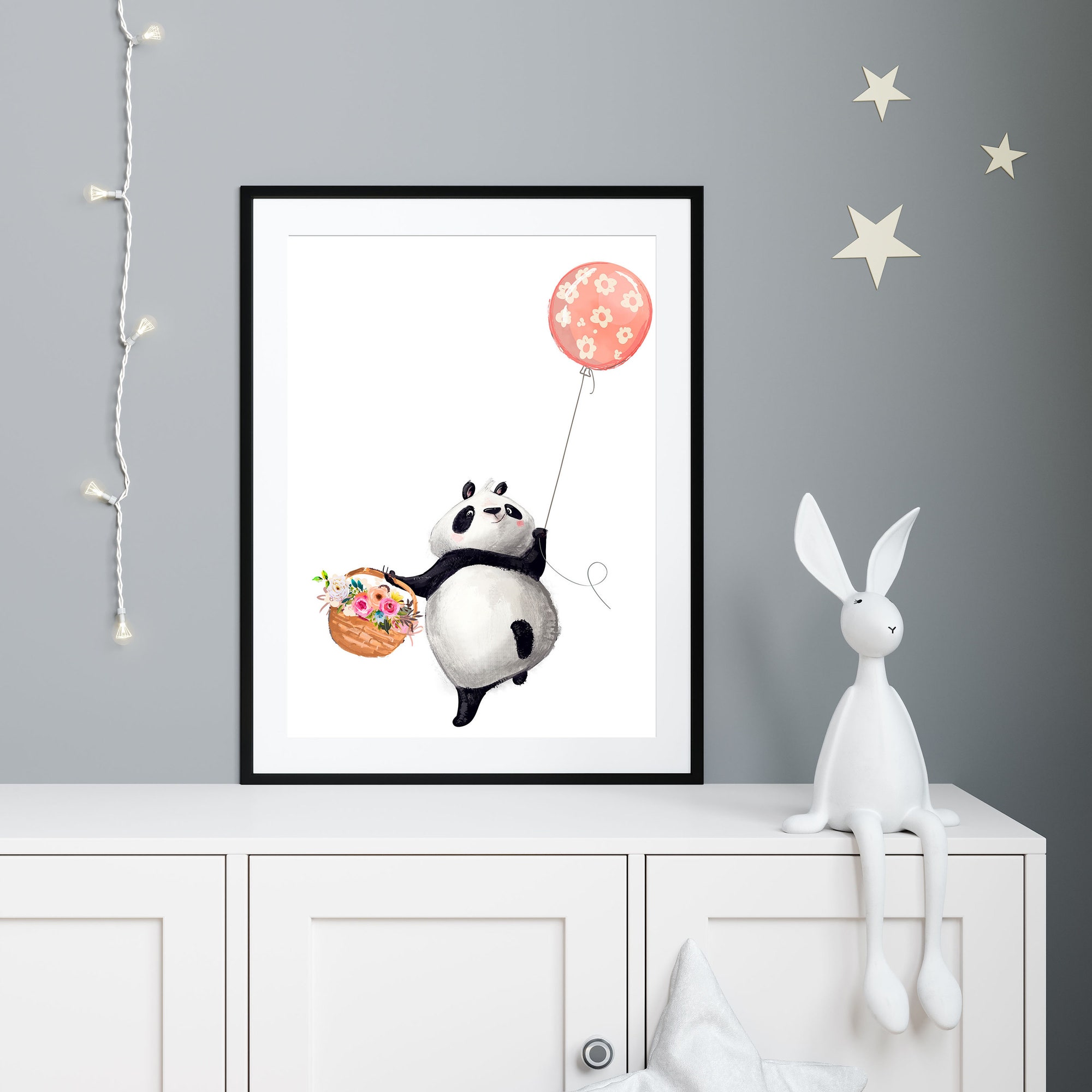 Panda Bear baloon poster, forest nursery animals poster