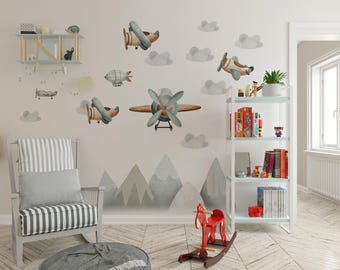 Airplane wall decal, nursery wall decal, mountain decal, peel and stick nursery decor, boys room wall decals, kids room decal, cloud decal
