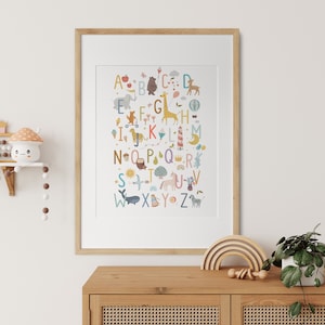 Póster del alfabeto de la guardería, póster de animales del alfabeto en inglés