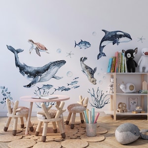 Wandtattoo mit Meerestieren für Kinderzimmer und Babyzimmer, Wandaufkleber mit Meerestieren, Set mit Delfin, Robbe und Meeresschildkröte, Aquarell-Design zum Abziehen und Aufkleben