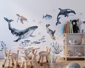 Muursticker met zeedieren voor kinderen en de babykamer, muursticker met zeedieren, stickerset met dolfijn, zeehond en zeeschildpad, aquarel, zelfklevend.
