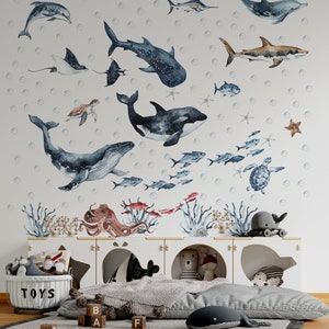 Ocean Animals Wall Decal for Kids and Nursery, sea animals wall sticker, Sticker Set Dolphin, seal, sea Turtle, Watercolor Peel and stick image 2