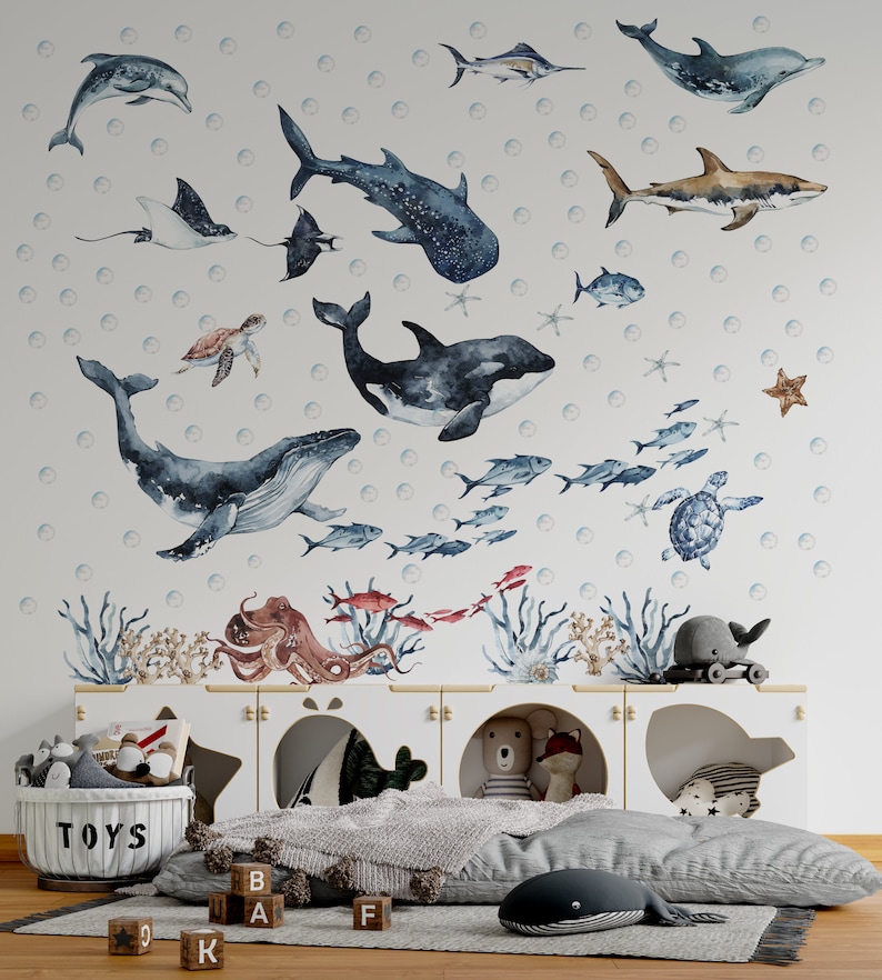 Ocean Animals Wall Decal for Kids and Nursery, sea animals wall sticker, Sticker Set Dolphin, seal, sea Turtle, Watercolor Peel and stick image 2