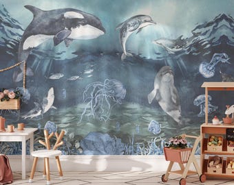 sea life wallpaper, ocean wallpaper, Sea world wallpaper, Dolphin wallpaper, killer whale wallpaper, shark wallpaper,  nautical wall decor,