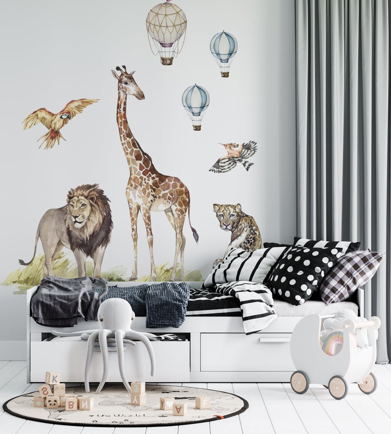 adesivi murali safari, decalcomanie murali safari, decalcomanie murali giungla, decorazioni per la scuola materna safari, decalcomanie murali giraffa, adesivi zebrati, immagine 4