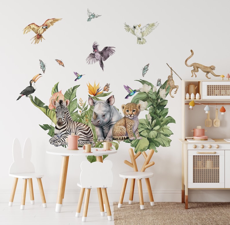 calcomanías de la selva para guardería, pegatinas de la selva, calcomanías de pared para guardería, calcomanías para habitación infantil, calcomanía de mariposa, calcomanía de pájaros tropicales, imagen 10
