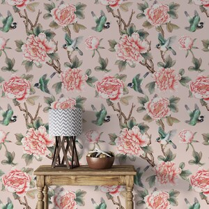 Chinoiserien-Tapete, botanische Tapete, Art-Deco-Tapete, Vintage-Tapete, Miettapete, Blumentapete