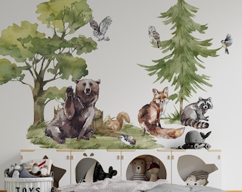 Forest Animals Wall Decal for Kids room, woodland wall decal, bear wall decal, forest wall mural, Nursery woodland forest trees Wall Decals