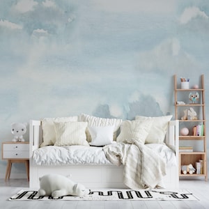 Watercolor Cloud Wallpaper | Blue Sky Mural | Hand-Painted Cloud Wall Decor | Kids Room Wallpaper |  Nursery Cloud Mural