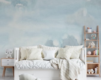 Cloud Watercolor Wallpaper, Blue Sky Mural, Kids Nursery Decor