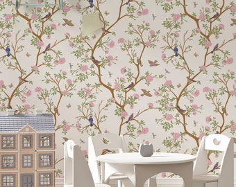 floral wallpaper, chinoiserie wallpaper, removable wallpaper, peel stick wallpaper, temporary wallpaper, kids room wallpaper