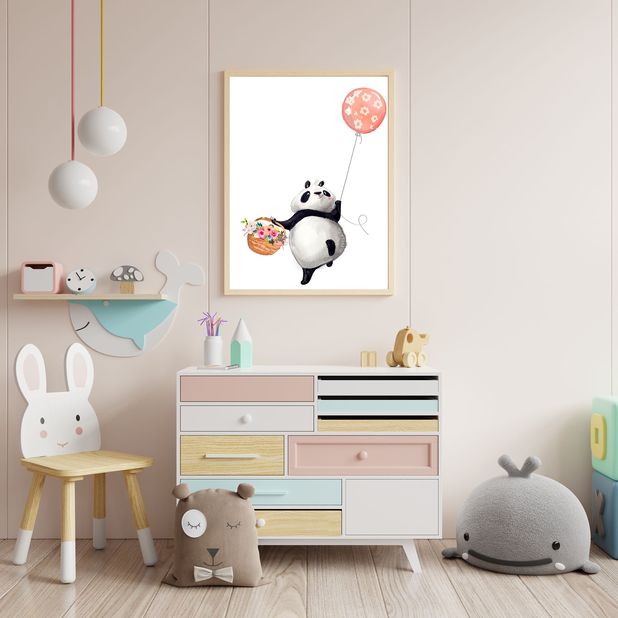 Panda Bear baloon poster, forest nursery animals poster