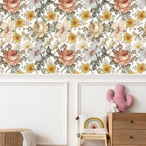 floral wallpaper, boho wallpaper, removable wallpaper, peel stick wallpaper, temporary wallpaper, kids room wallpaper image 1