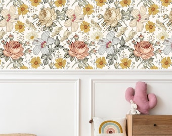 Blumentapete, Boho-Tapete, abnehmbare Tapete, selbstklebende Tapete, temporäre Tapete, Kinderzimmertapete