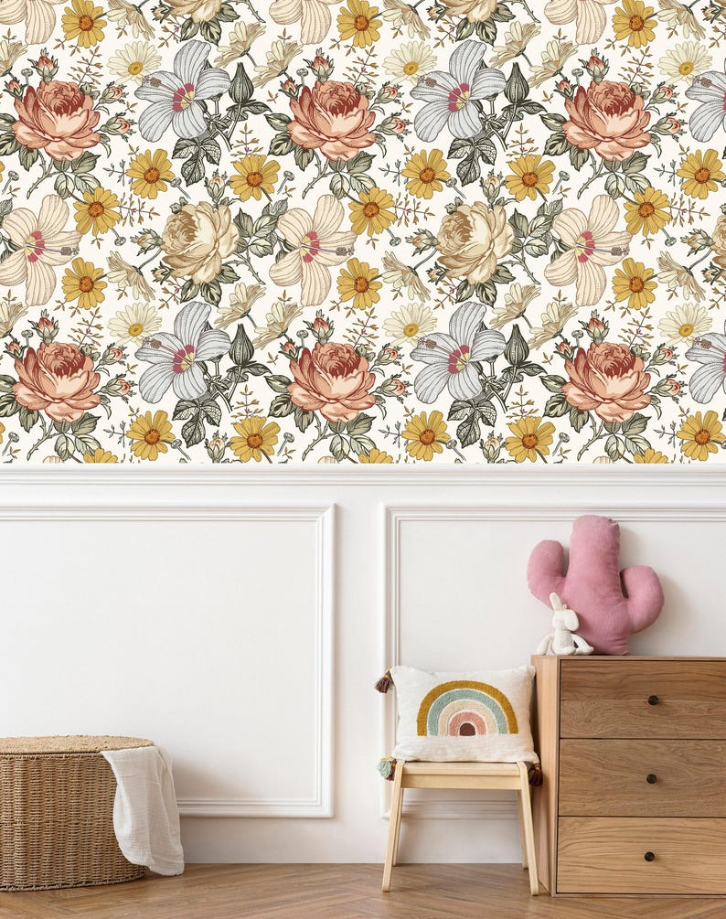 floral wallpaper, boho wallpaper, removable wallpaper, peel stick wallpaper, temporary wallpaper, kids room wallpaper image 1