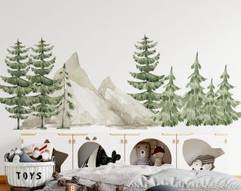 pine tree and mountain wall decals, forest wall decals, kids room decals, woodland wall decals