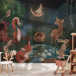 Papier peint forêt lunatique autocollant, papier peint animaux de la forêt autocollant, papier peint forêt lunatique forêt magique