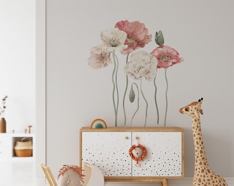 Mohnblumen-Wandtattoos, Wildblumen-Wandtattoos, Blumendeko fürs Kinderzimmer, florale Wandtattoos, botanische Wandtattoos