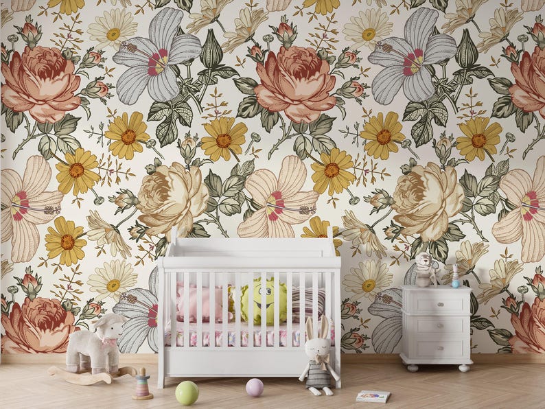 floral wallpaper, boho wallpaper, removable wallpaper, peel stick wallpaper, temporary wallpaper, kids room wallpaper image 6