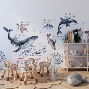 Watercolor ocean wall stickers and whale wall decals featuring a humpback, orca, and turtle as an ocean wall decal.