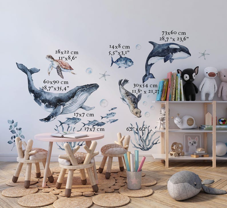 Watercolor ocean wall stickers and whale wall decals featuring a humpback, orca, and turtle as an ocean wall decal.