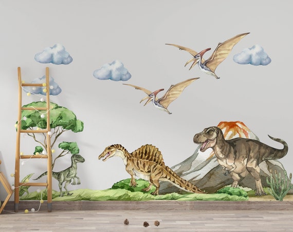 Adesivo da parete a forma di dinosauro con triceratopi verdi, da utilizzare su di sé o con altri dinosauri decorativi da parete per creare incredibili murali a tema dinosauro per camera da